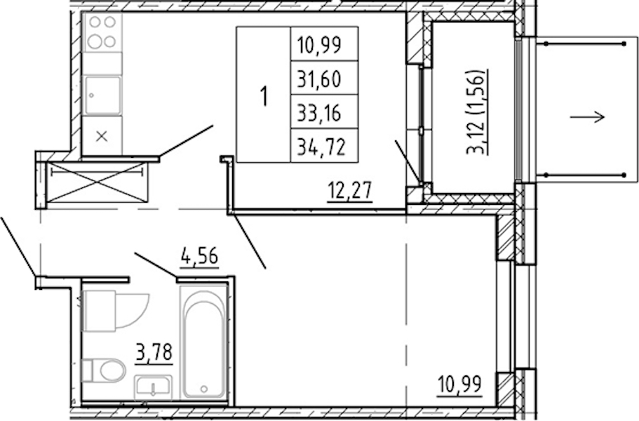 1-комнатная квартира 31.6 м², 2/12 эт., ЖК «Полис Новоселье»